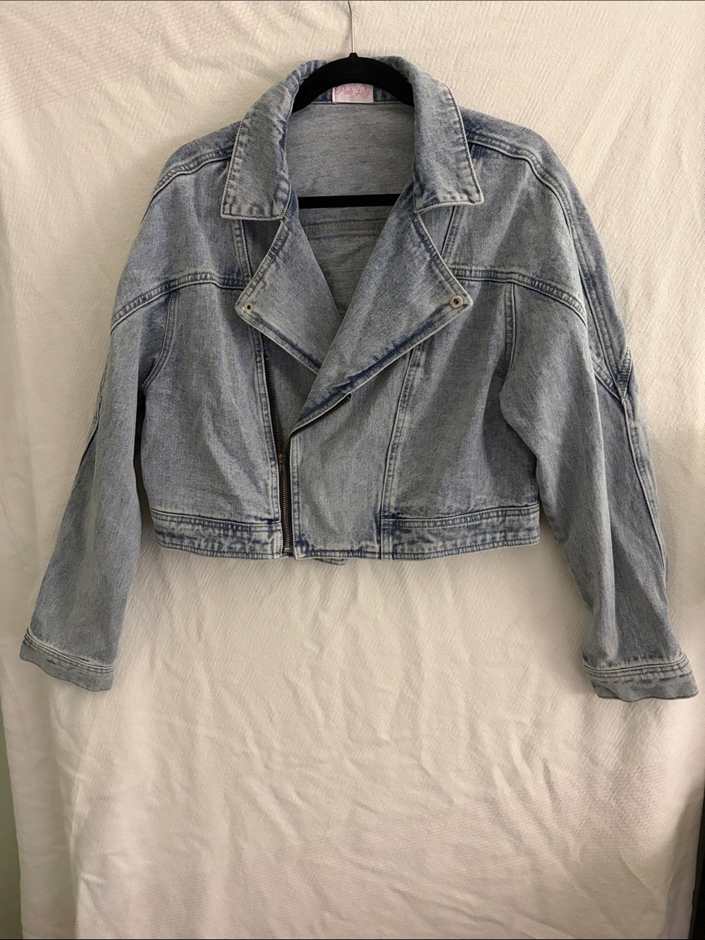 Pink Lily Light Wash Cropped Denim Moto Jacket